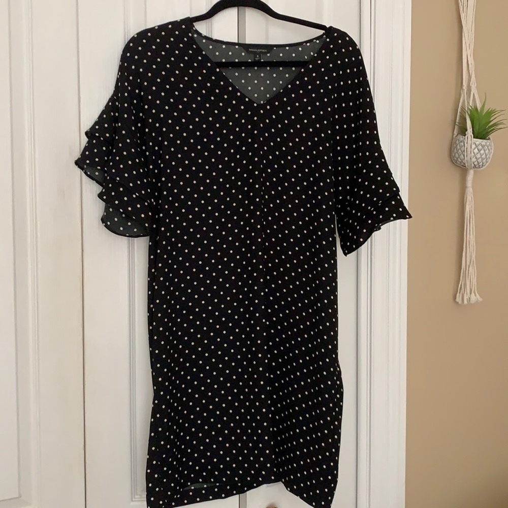 Black shift dress with ruffle sleeves